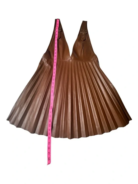 NWT ZARA Brown Vegan Leather Pleated Dress - Picture 6 of 9
